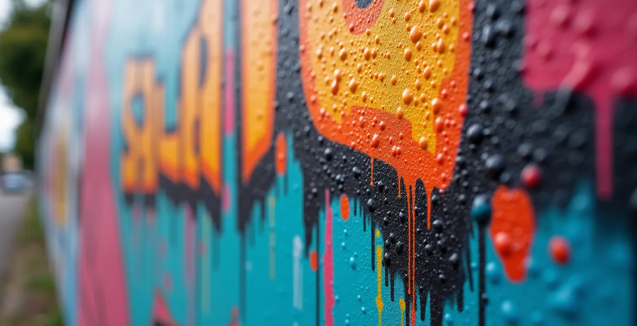 Fresque murale colorée sur un mur de briques dans le quartier des spectacles