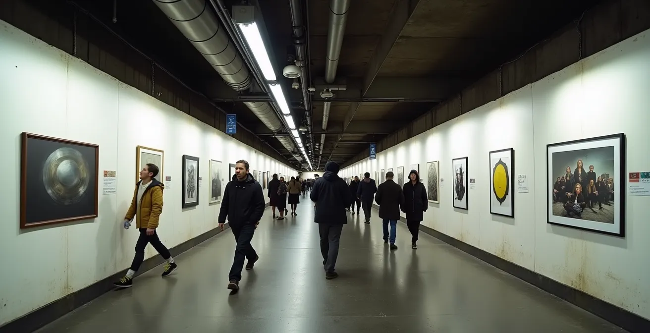 Perspective d'un tunnel souterrain de Montréal transformé en galerie avec des œuvres d'art illuminées sur les murs et des passants admiratifs