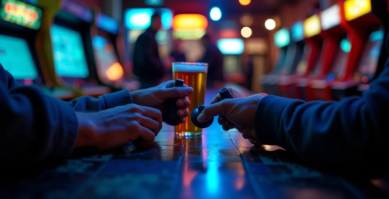 Intérieur coloré d'une barcade québécoise avec machines d'arcade vintage illuminées