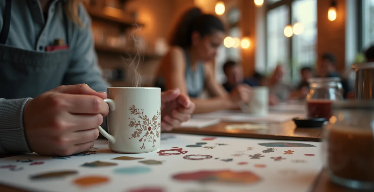 Intérieur chaleureux d'un café-céramique montréalais avec personnes peignant des tasses