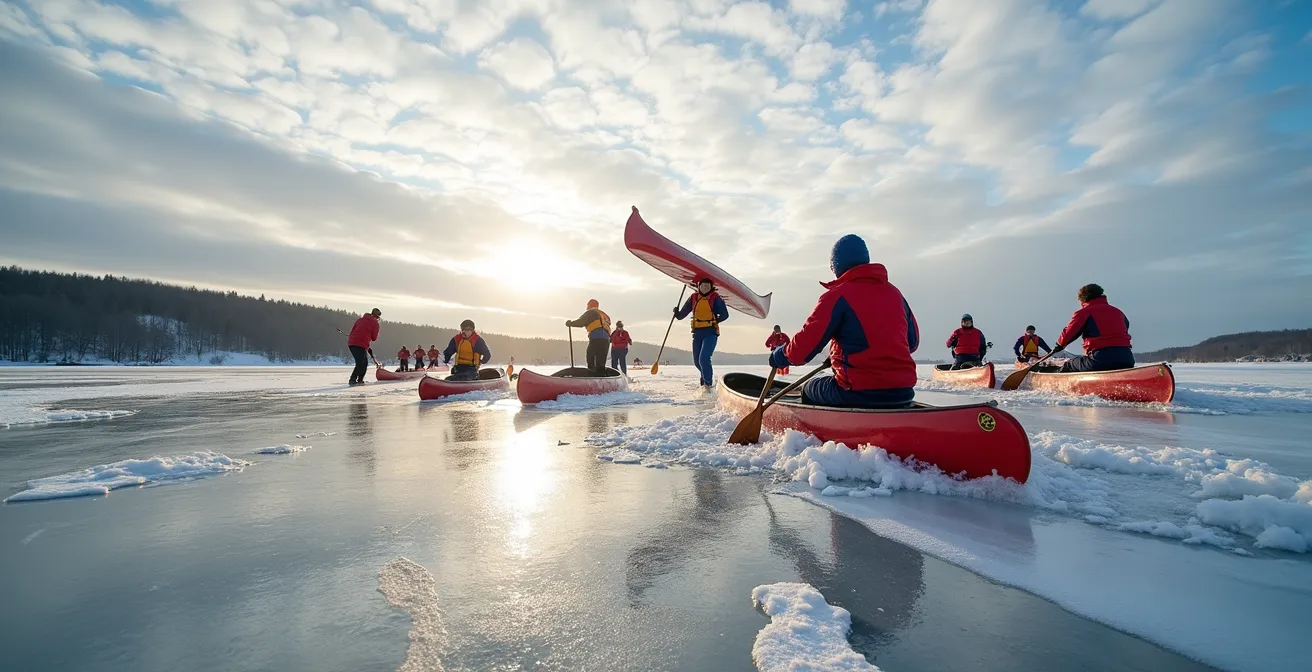 Course de canot à glace sur le fleuve Saint-Laurent avec équipes portant leurs embarcations sur la glace