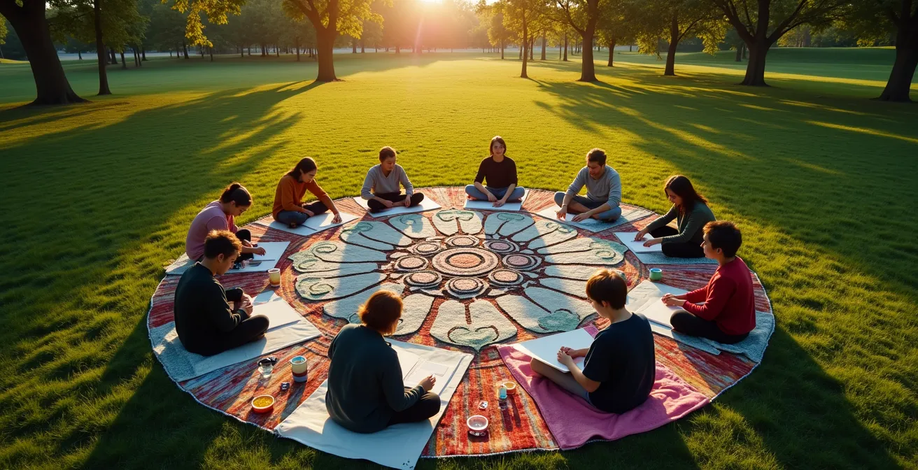 Groupe diversifié créant ensemble dans un parc de Montréal en été