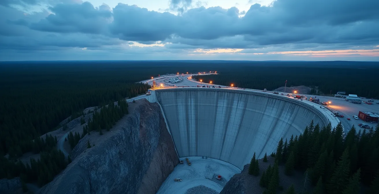 Vue aérienne d'un chantier hydroélectrique majeur en région nordique du Québec