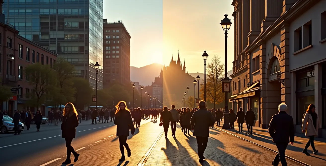 Composition montrant les skylines contrastées de Montréal et Québec