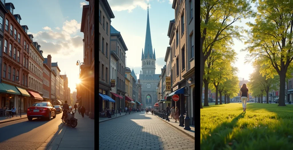 Illustration comparative montrant trois villes québécoises (Montréal, Québec, Sherbrooke) avec symboles de culture, nature, et cadre de vie pour illustrer le pouvoir d'achat bonheur