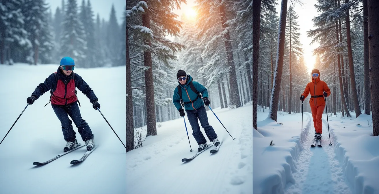 Trois sportifs pratiquant ski alpin, ski de fond et raquette dans les paysages hivernaux québécois