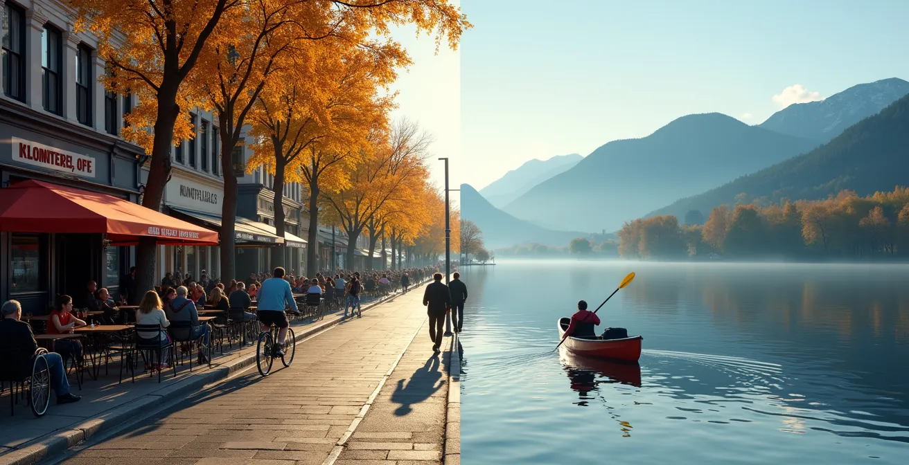 Vue splitscreen montrant d'un côté l'effervescence urbaine de Montréal et de l'autre la tranquillité d'un lac des Laurentides