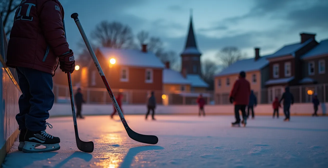 Scène de hockey communautaire québécois avec familles et joueurs sur patinoire extérieure