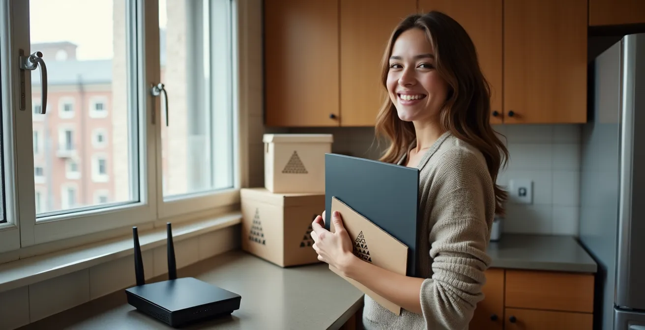 Salon moderne québécois avec boîtes de déménagement et routeur internet sur comptoir en bois