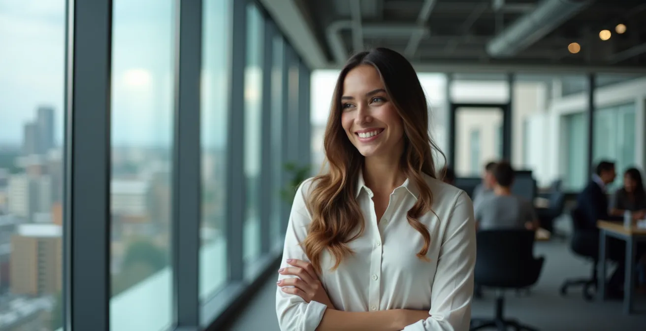Diplômée en sciences sociales travaillant dans un bureau moderne de Montréal avec vue panoramique