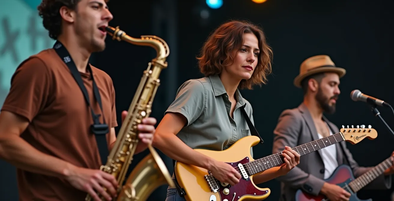 Artistes de différents genres musicaux sur scène extérieure au Festival de Jazz