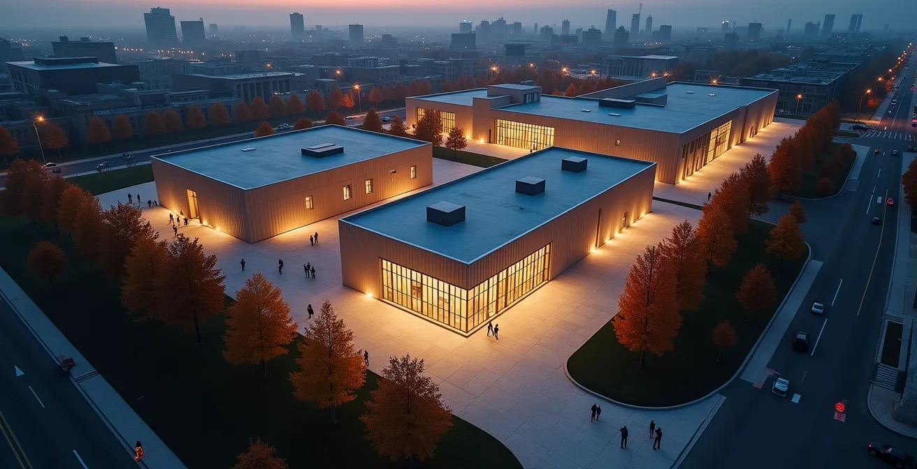 Vue aérienne minimaliste montrant trois bâtiments distincts reliés par des chemins lumineux, représentant le parcours d'un artiste des centres d'artistes aux musées