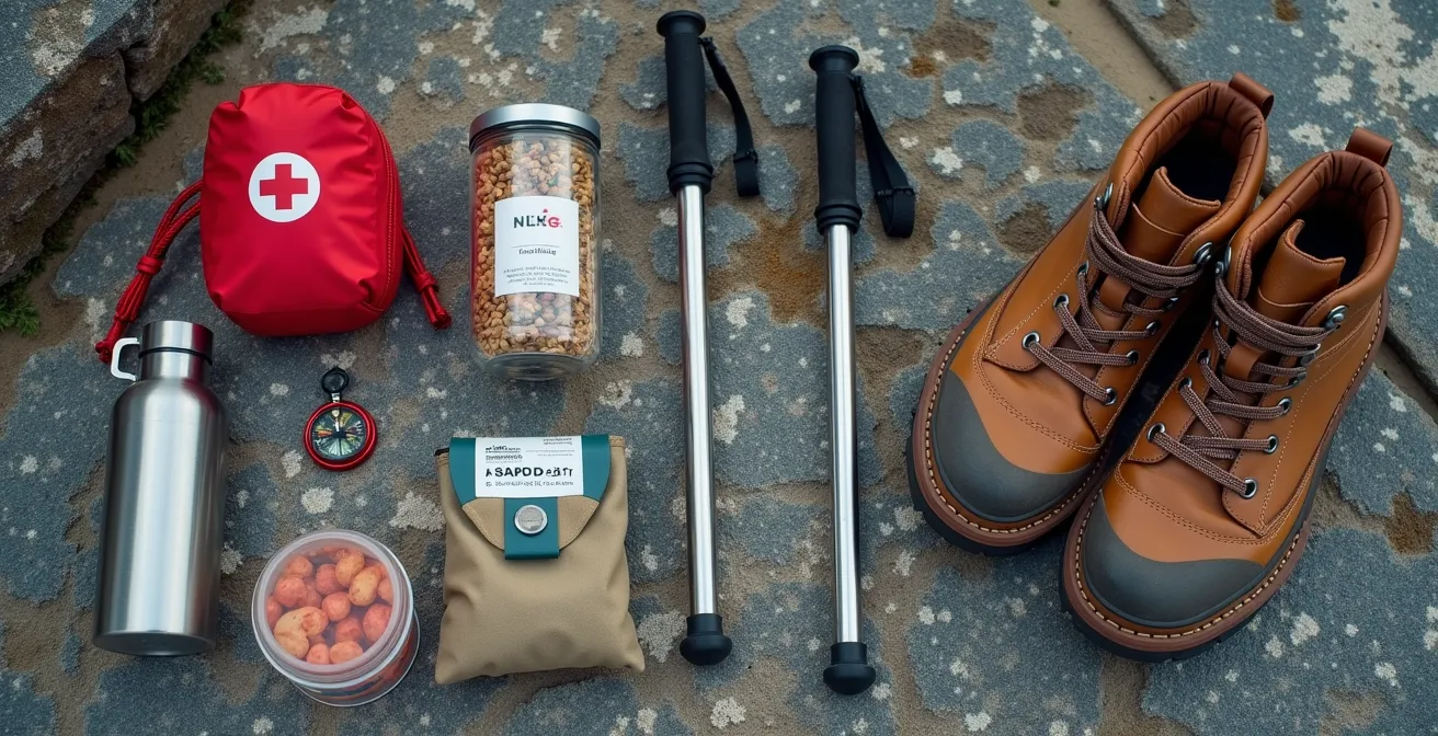 Équipement de randonnée soigneusement disposé sur roche granitique incluant sac à dos, bottes, bâtons et accessoires essentiels