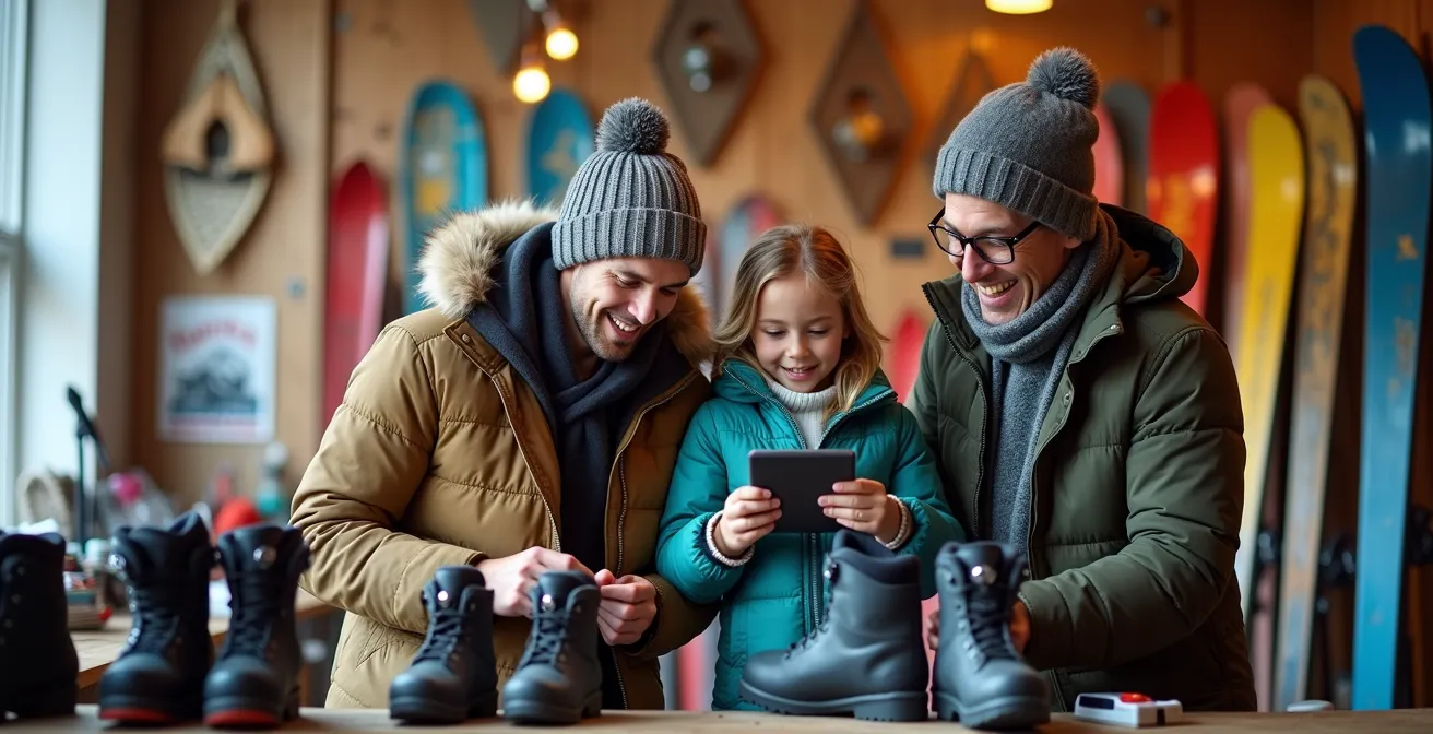 Intérieur d'un magasin d'équipement de ski d'occasion avec rangées de skis colorés et clients qui examinent les articles