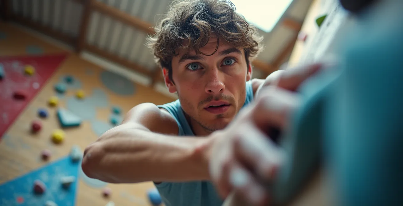 Grimpeur sur mur d'escalade coloré dans un centre québécois