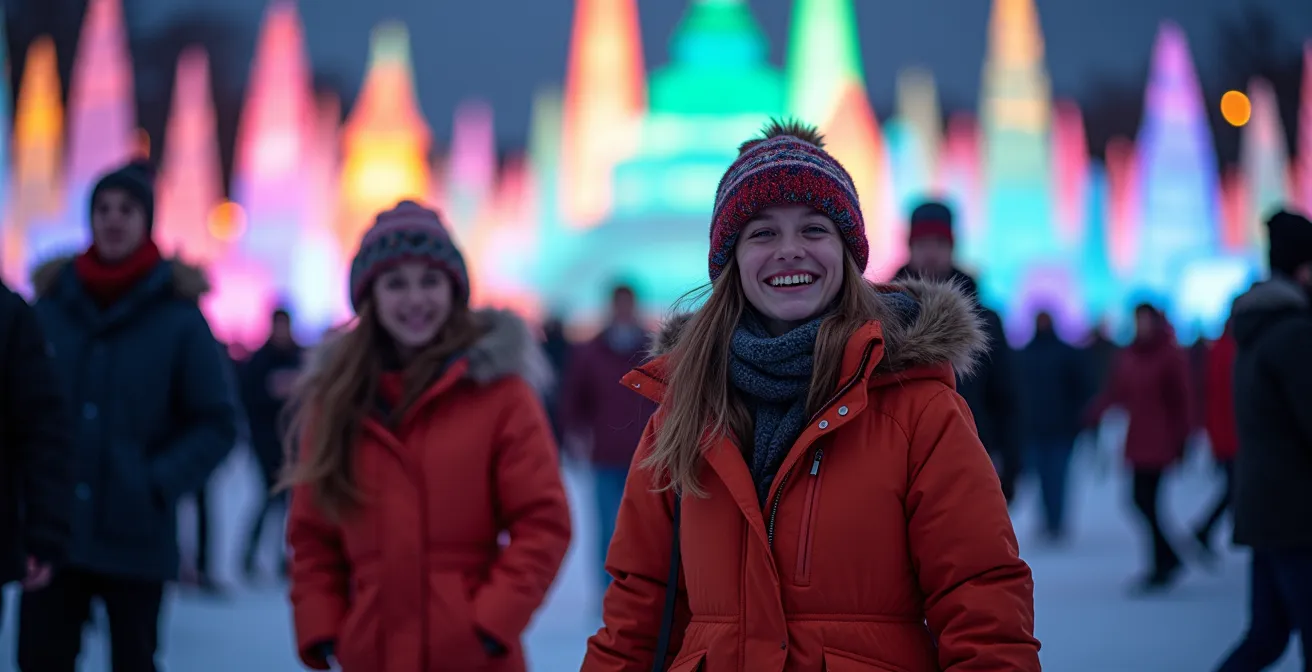 Foule dansante en habits d'hiver colorés lors d'un festival musical extérieur nocturne avec jeux de lumières sur la neige
