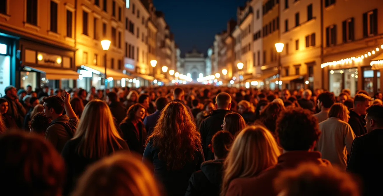 Terrasses bondées de la Grande Allée avec festivaliers célébrant après un concert