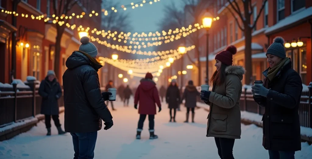 Scène communautaire hivernale joyeuse au Québec avec patinoires de ruelles, gens en habits chauds partageant un chocolat chaud, lumières tamisées, ambiance conviviale