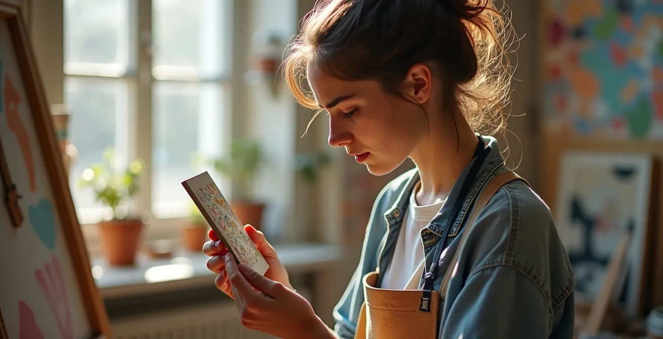 Jeune collectionneuse observant attentivement une œuvre dans un atelier d'artiste lumineux