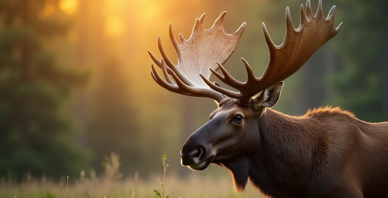 Orignal dans son habitat naturel au lever du soleil dans la vallée de la Jacques-Cartier