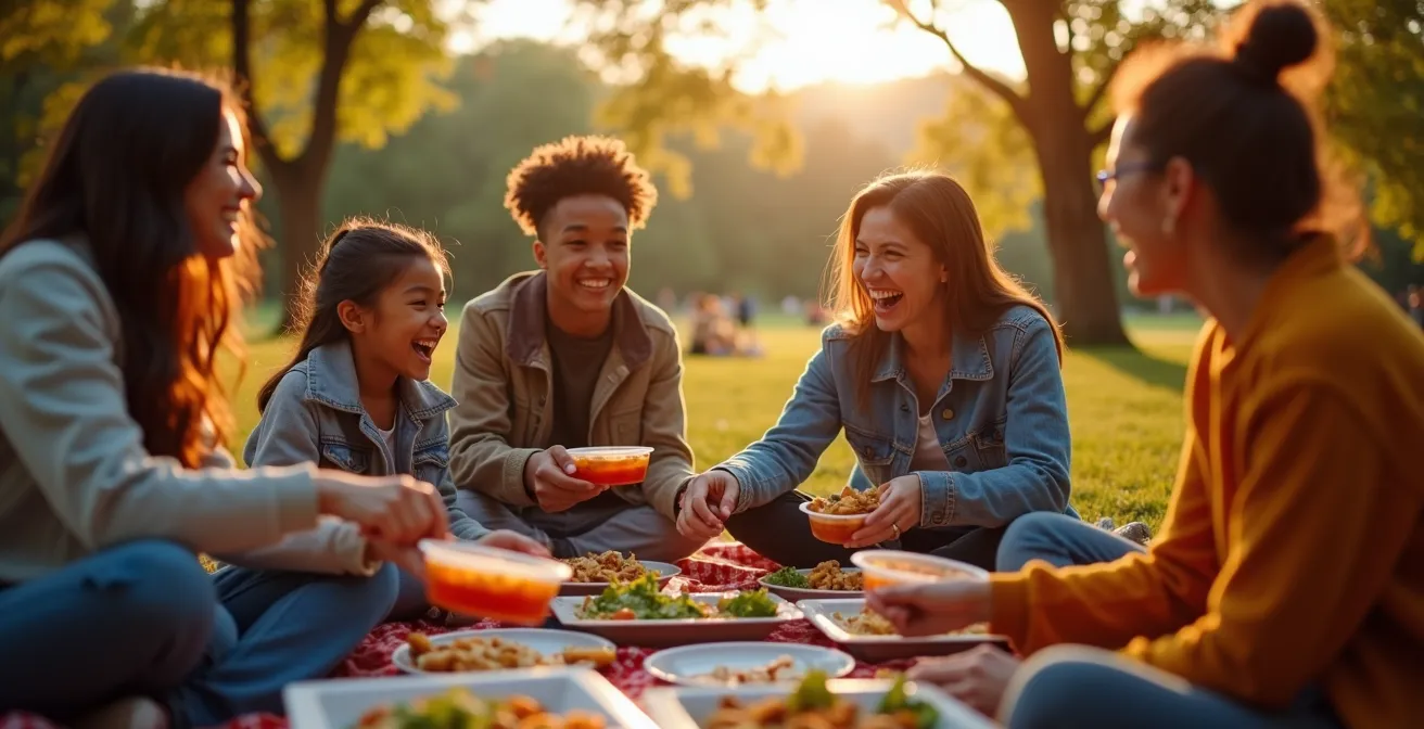 Grand pique-nique communautaire dans un parc montréalais avec des familles partageant de la nourriture sur des couvertures colorées