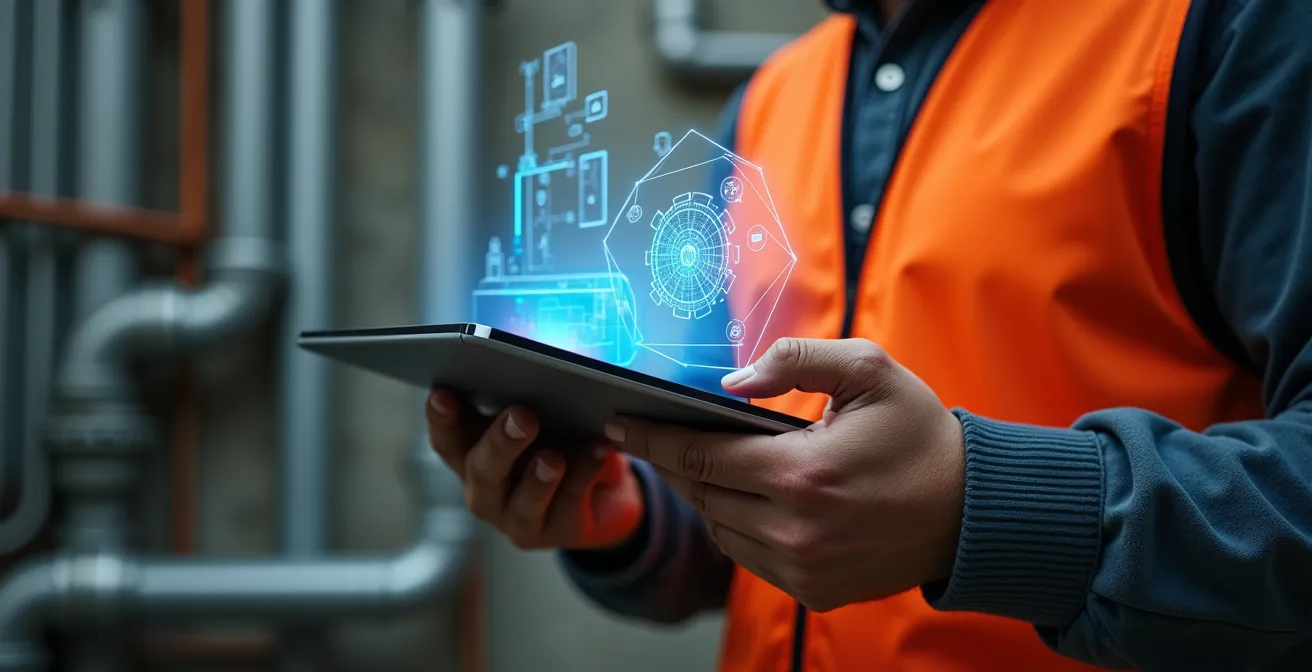 Plombier utilisant une tablette pour visualiser les plans 3D sur un chantier