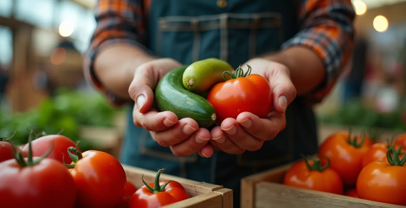 Gros plan sur les mains d'un producteur tenant des légumes imparfaits mais savoureux au marché