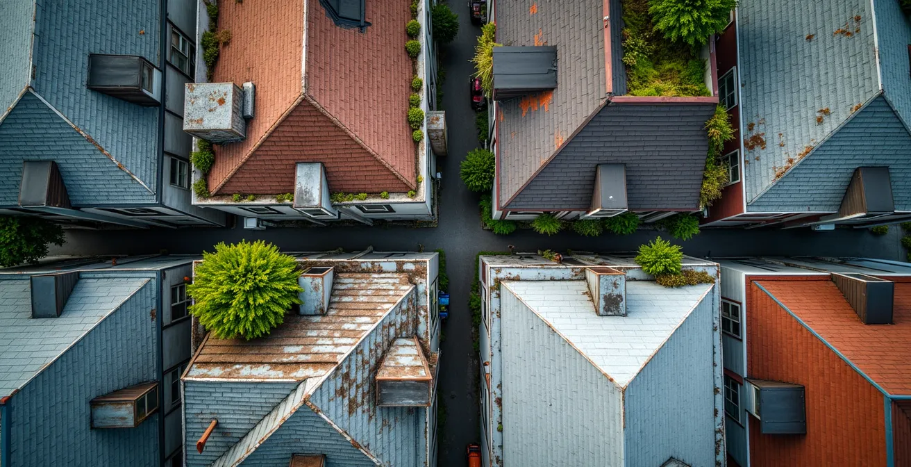 Vue aérienne des différents quartiers de Montréal montrant la diversité architecturale