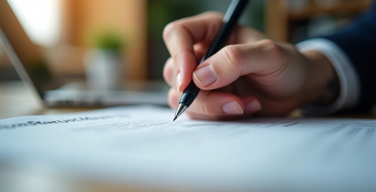 Vue macro d'un CV québécois professionnel posé sur un bureau avec stylo et café