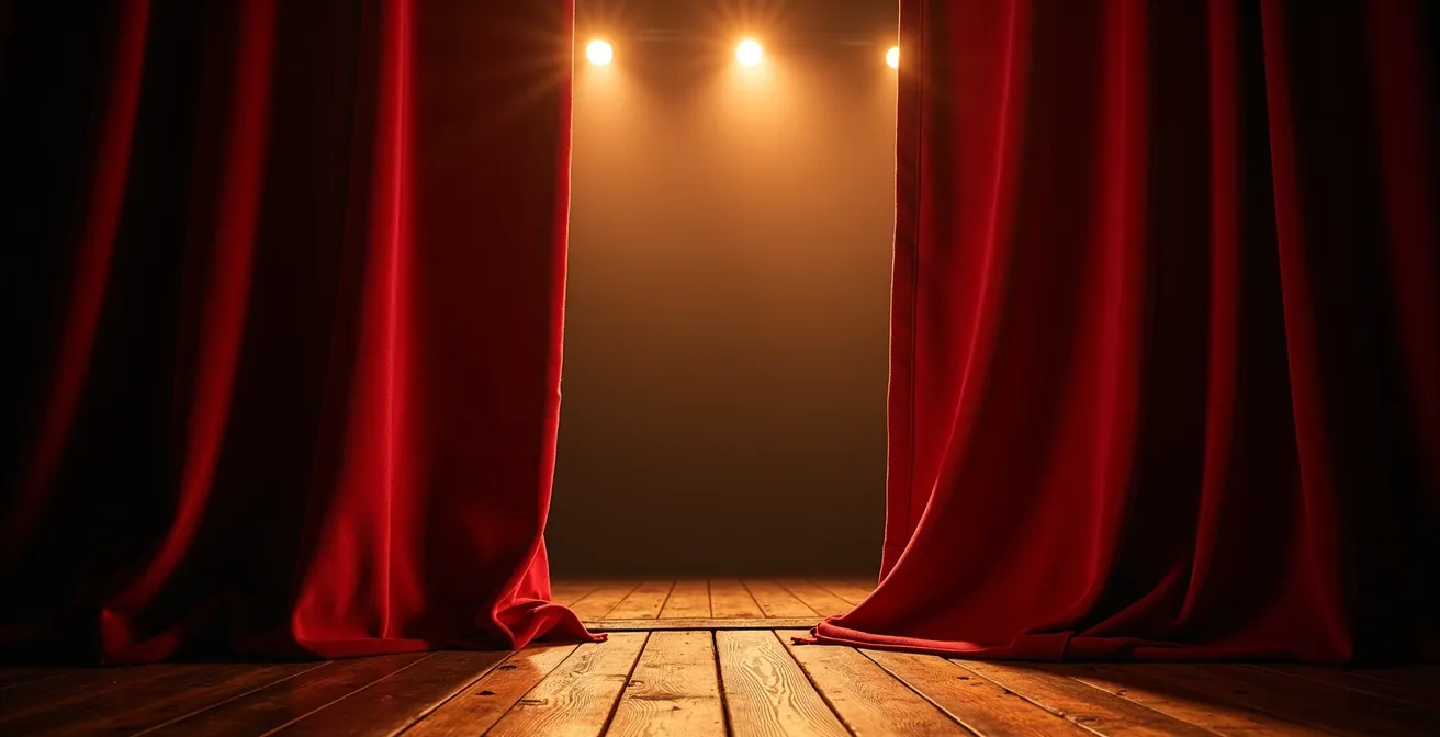 Scène de théâtre intimiste québécoise vue depuis les coulisses avec rideau rouge entrouvert et éclairages dramatiques