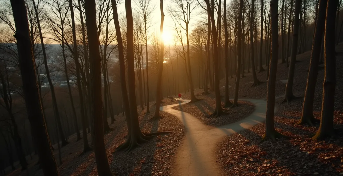 Vue aérienne des sentiers du Mont-Royal serpentant à travers la forêt urbaine avec la skyline de Montréal en arrière-plan