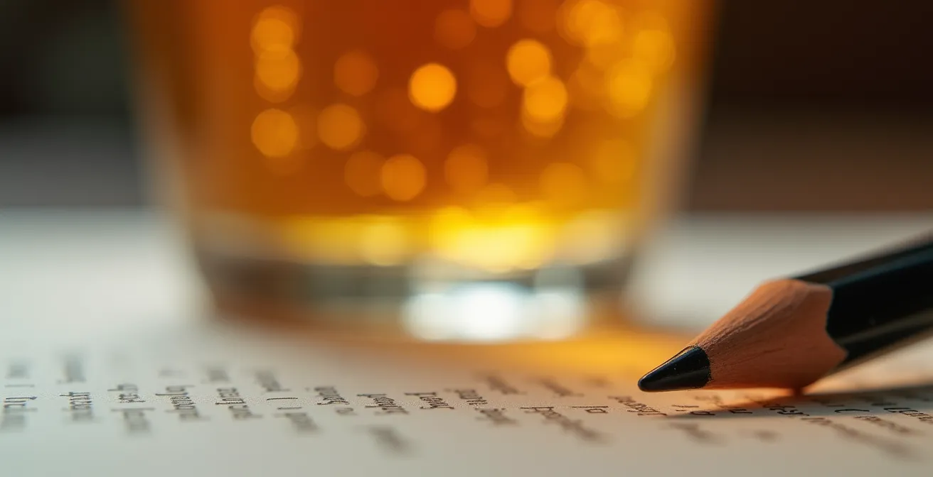 Vue macro d'une feuille de réponses de quiz avec crayon et verre de bière ambrée en arrière-plan flou