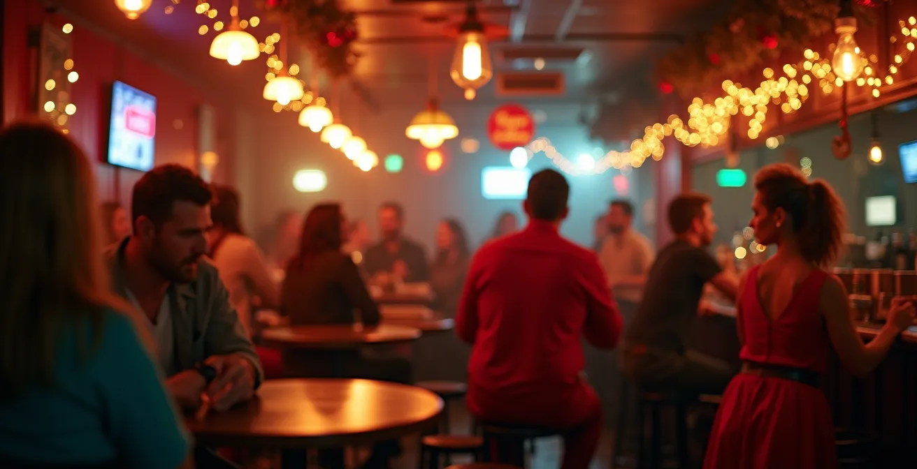 Participants en costumes colorés lors d'une soirée thématique dans un pub québécois