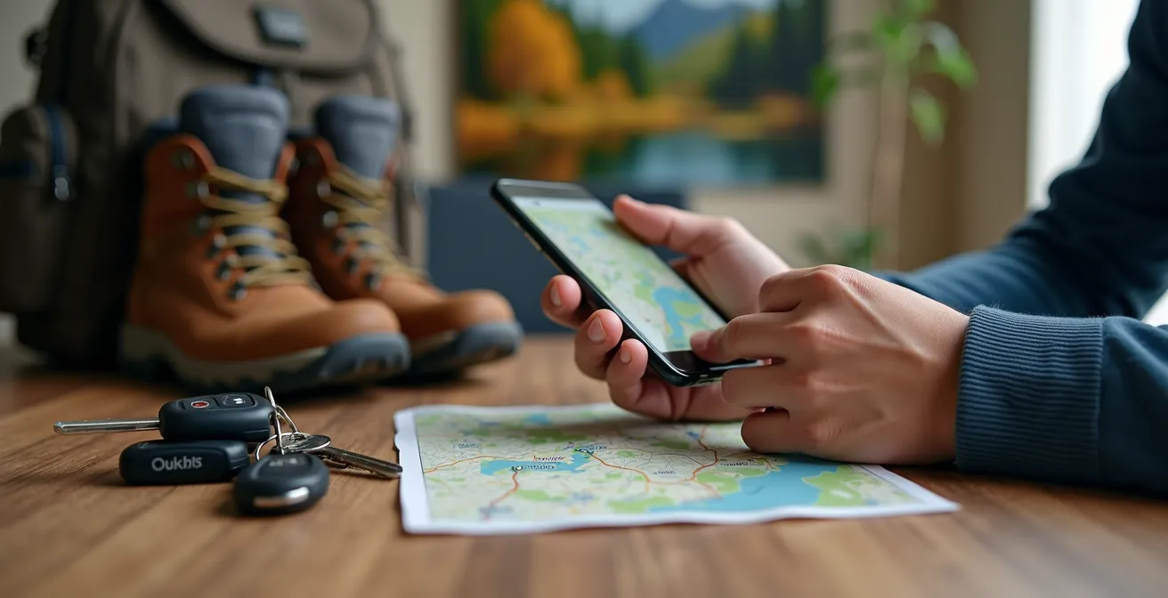 Illustration du concept d'évasion weekend combinant différents modes de transport au Québec