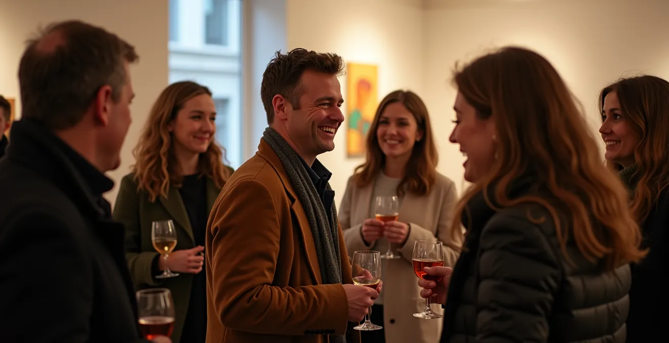Scène chaleureuse d'un vernissage avec des visiteurs diversifiés conversant devant des œuvres floues en arrière-plan