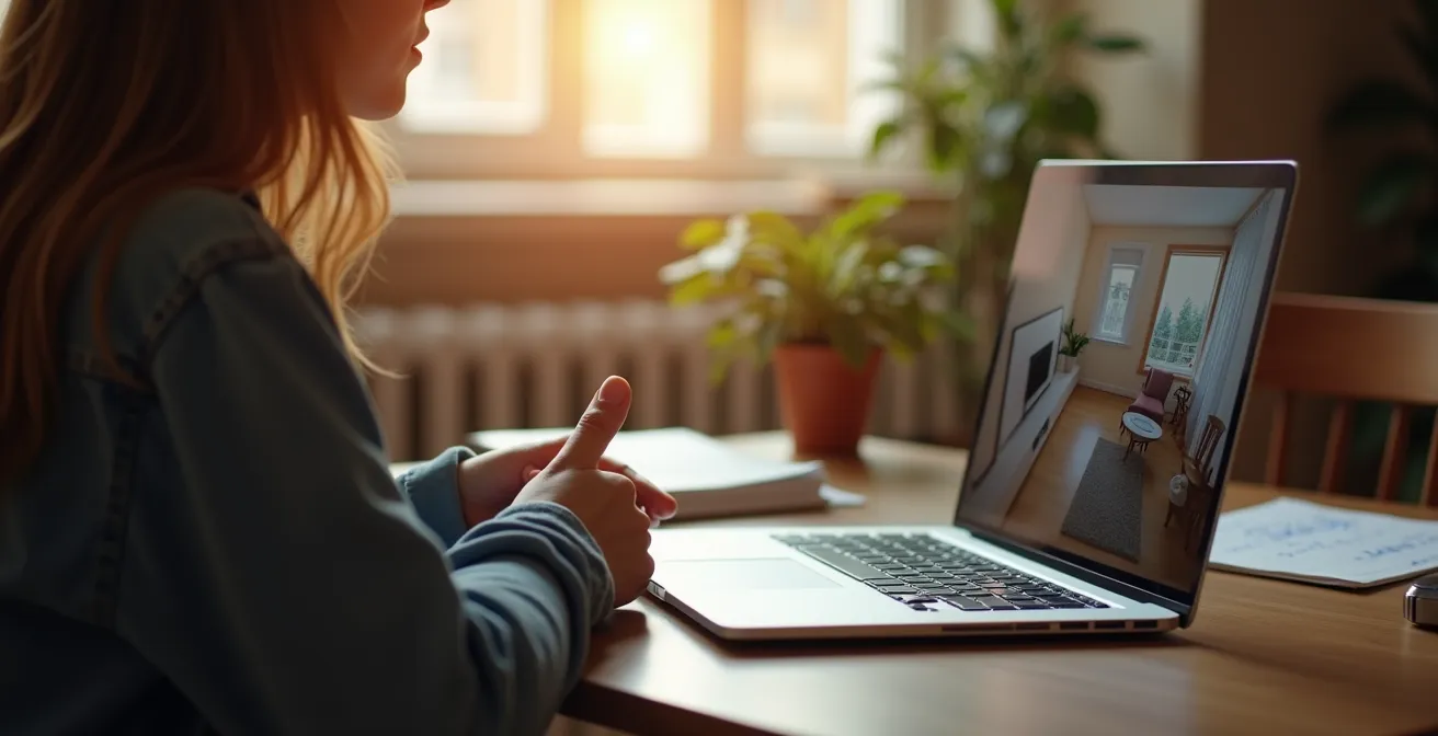 Personne vue de dos effectuant une visite virtuelle d'appartement sur ordinateur