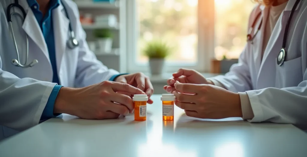 Pharmacien en consultation avec un patient dans une pharmacie moderne du Québec